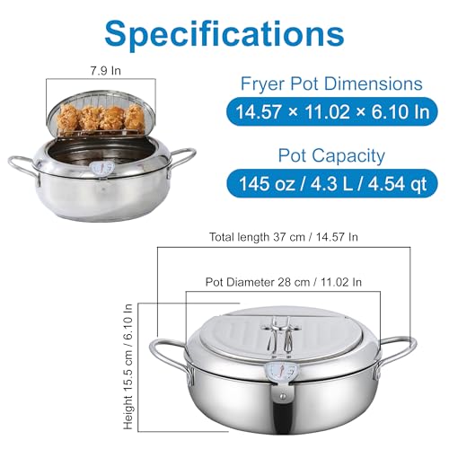 Image of FIRE RIOT Deep Fryer Pot 4.3L / 4.54 Qt (145 oz), Japanese Tempura Frying Pot with Thermometer & Lid, 304 Stainless Steel Fryer with Oil Drip Drainer Rack for French Fries, Chicken, Shrimp & More