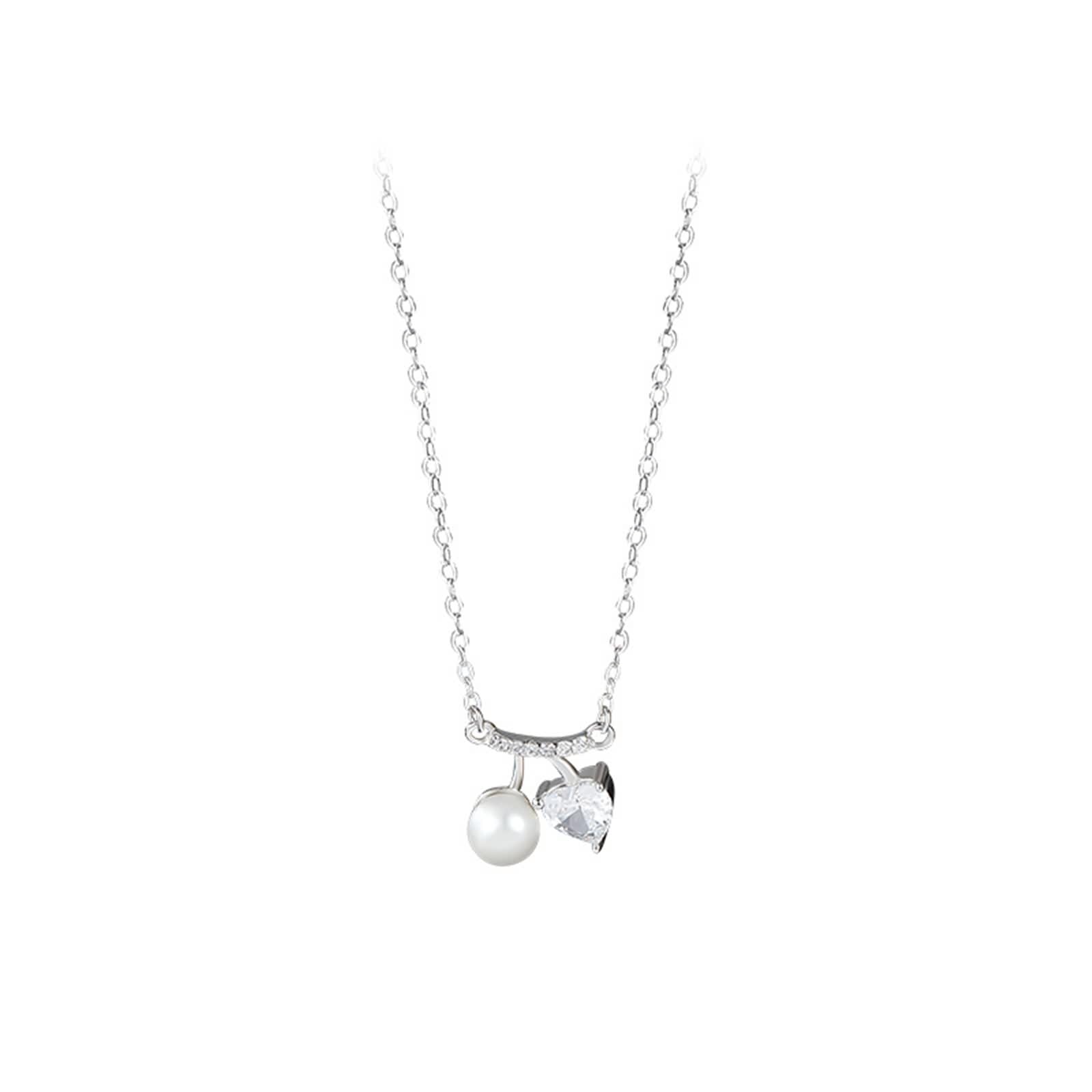 Collana Perla Lunga, Collana Donna Elegante Ciondolo Catenina Gioielli Oro Bianco 9K/14K/18K con Moissanite Amo Le Ciliegie 40+5cm