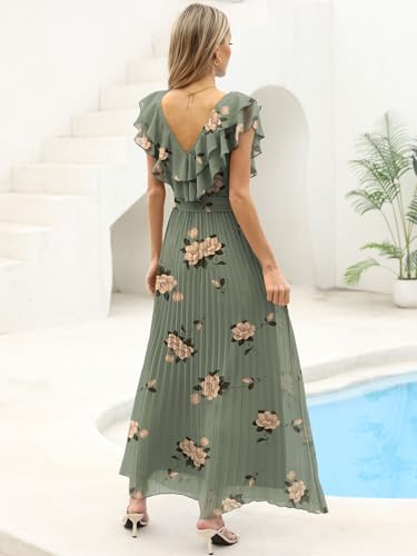 ANRABESS Women Floral Pleated Maxi Dresses Summer V Neck Ruffle Sleeve Empire Waist Boho Belt Wedding Guest Party Flowy Dress Yellow Floral Green Large — view 3