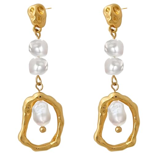 Long Baroque Pearl Drop Earrings Gold Statement Real Pearls Dangle Earrings for Women