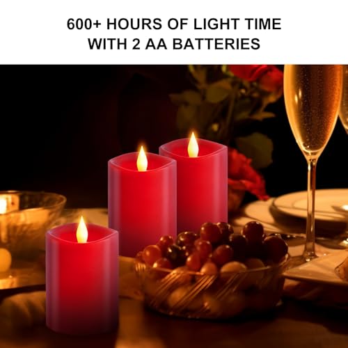 Image of 3x4 Flickering Flameless Candles Set of 3,Real Wax Pillar led Candles Flickering,4 inch Flameless Candles with Remote,for Party Wedding Holiday Home Decor,Red