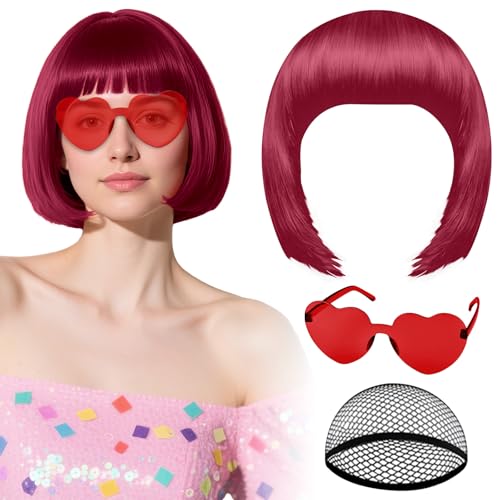 PLULON Burgundy Bob Wig with Heart Glasses Hair Cap Neon Colored Party Wig