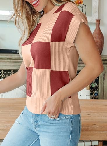 Image of EVALESS Short Sleeve Sweater for Women Crewneck Color Block Knit Tops 2026 Summer Trendy Cap Sleeve Sweater Vest