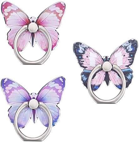 TIESOME Cute Buttery Phone Stand Holder, 3 Pcs Butteryfly Cell Phone Ring Stand Holder 360°Rotation Metal Kickstand Compatible with Most Smartphones Hand Grip with Knob Loop(Pink, Blue, Purple)