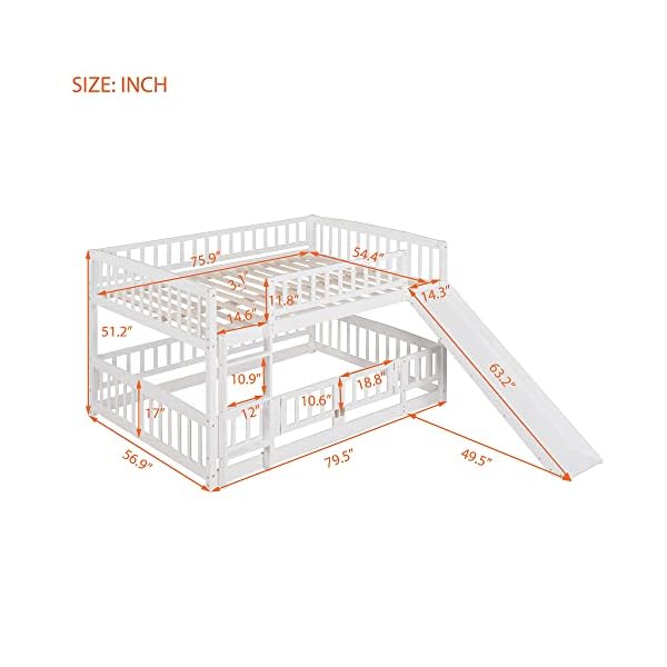 Harper bright designs bunk bed with slide full over full low bunk bed with fence ladder for toddler kids girls boys white  urban country home decor