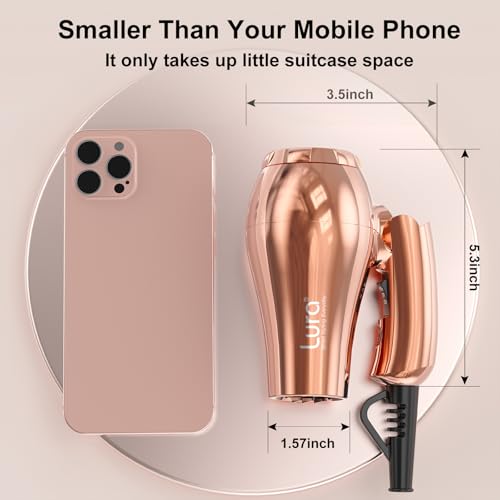 LURA Dual Voltage Travel Hair Dryer with Diffuser,Travel Blow Dryer Mini with EU Plug and UK Plug,Lightweight Portable Hairdryers with Folding Handle,1200W Compact Small Blowdryers for Women