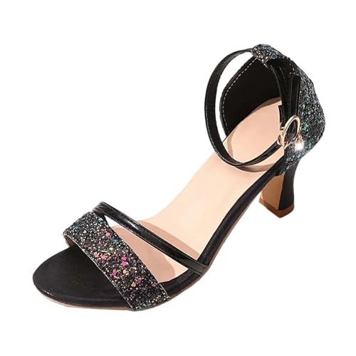 Sandalias y chanclas para mujer, con puntera abierta, correa al tobillo, tacón grueso, sandalias romanas de verano, zapatos de vestir de noche, de ajuste ancho, 04 Negro, 37 EU