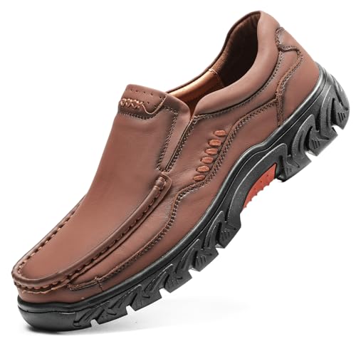 Men's Slip On Casual Loafers Classic Outdoor Leather Walking Hiking Dress Shoes Comfortable for Work Office Shoes Daily Soft