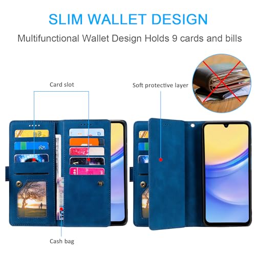 UEEBAI Wallet Case for Samsung Galaxy A16 4G/5G, 9 Card Holder Slots Zipper Pocket Handbag Case Magnetic Closure Kickstand with Wrist Strap TPU Shockproof Flip Case for Women - Blue