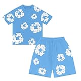 Generisch Jungen Mädchen T-Shirt und Shorts Set 2 Teiliges Sommer Trainingsanzug Jogginganzug Y2K Hip Hop Streetwear Kurzarm T-Shirts und Kurze Hose Blumen Motiv
