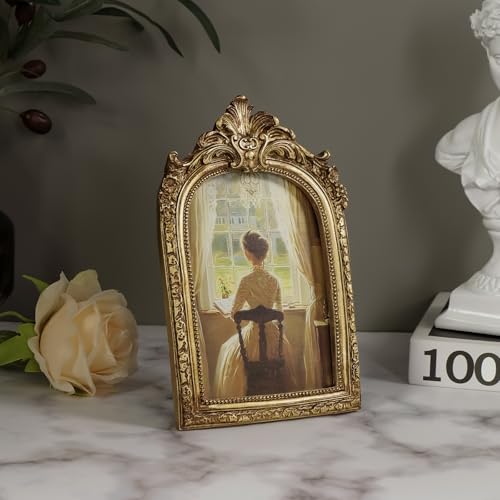 Vintage 4x6 Picture Frame, Gold Ornate Resin Frames with Plexiglass Front for Tabletop and Wall Mounting, Antique Arched Photo Frame for Home Office Decor