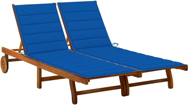 Sunlounger Royal Blue Cushion, Natural Wood Deck Chair Reclining Sun Lounger Sunbed for Backyard Outdoor