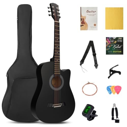SHINEDOWN 38 inch Acoustic Guitar in Full Size Beginner All Wood Cutaway Starter Set with Free Bag/Tuner/Capo/A Pack of Strings/Strap/3 Single Strings/Cloth/Picks/String Cutter/Tutorial (Black)