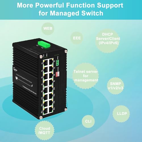 Image of 16 Ports PoE Managed Gigabit Industrial Ethernet Switch,with 16 10 /100 /1000Mbps RJ45 Ports,2-Layer, CLI, Web, IP40, -40C to 80C (-40F to 176F) Operating DIN Rail Ethernet Switch