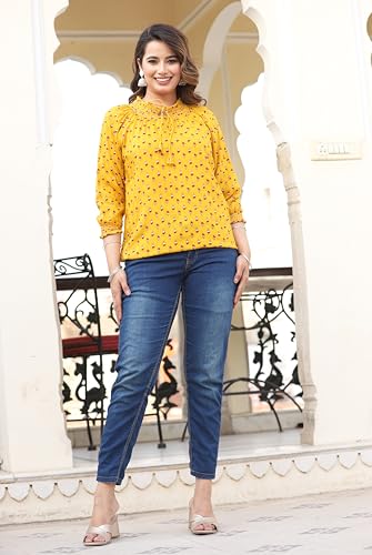 Image of Himanshi Enterprises Women's Traditional Casual 3 /4 Sleeves Mandarin Nack Rayon Floral Printed Short Kurti