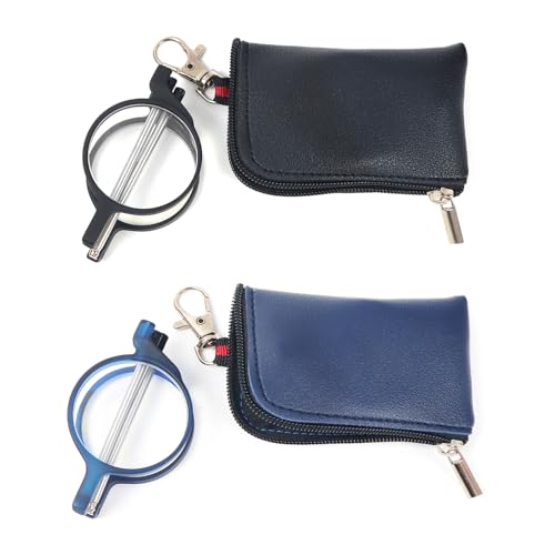 KoKoBin Folding round Reading Glasses with Telescopic Rod and Leather Case Keychain Small Portable Blue Light Blocking Reader for Men and Women (2 Pack BlackBlue, 2, Dioptres)