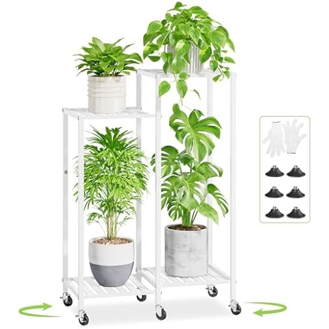 iDavosic.ly 4 Tier Indoor Plant Stand with Wheels, 11 Inch Wide Metal Plant Shelf Outdoor for Large Plants, 33 Inch Tall Corner Heavy Duty Flower Rack for Patio Garden Window Balcony, White Cover
