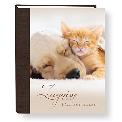 Zeugnismappe personalisiert mit Namen Animal Love A4 ca. 31x24 cm beige Zeugnisbuch Katze Hund Urkundenmappe Einschulung Schulanfang Cover