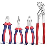 WORKPRO 4-Piece Pliers Set, 245 mm Water Pump Pliers, 160 mm Long Nose Plier, 160 mm Combination Plier, 160mm Side Cutter, Bi-Material Soft Handle, for DIY Household Repair