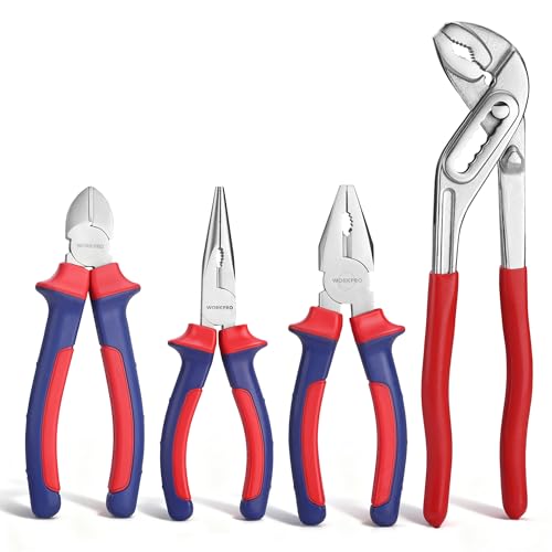 WORKPRO 4-Piece Pliers Set, 245 mm Water Pump Pliers, 160 mm Long Nose Plier, 160 mm Combination Plier, 160mm Side Cutter, Bi-Material Soft Handle, for DIY Household Repair