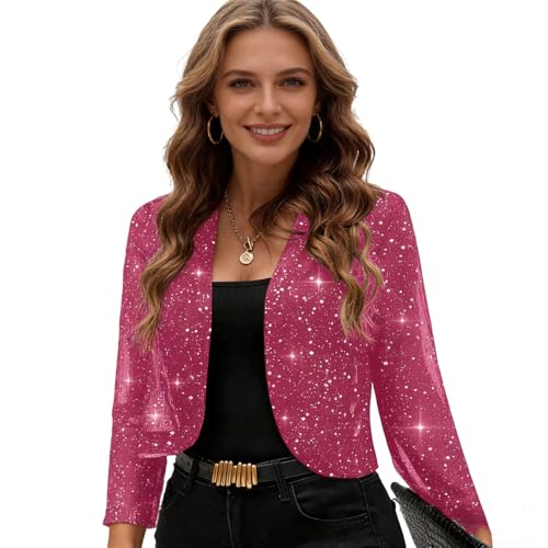 Sywiyi Chaqueta brillante para mujer, manga larga, cárdigan festivo, bolero, cárdigan, abrigo, blazer de Año Nuevo, disfraz de fiesta, Rosa intenso., L