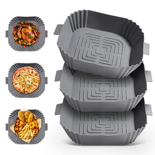 3 Pezzi Accessori Friggitrice ad Aria: Teglie in Silicone per Friggitrice ad Aria Riutilizzabile Recipiente Air Fryer - Alta Capacità Vaschette per Friggitrice ad Aria