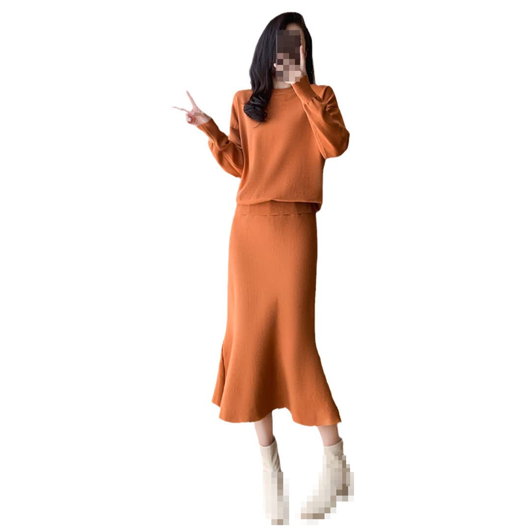 AlloaoneWomen Casual Knitted Sets O Neck Knit Top+Fashion Mermaid Long Skirt Warm Sweater Two Pieces Suits