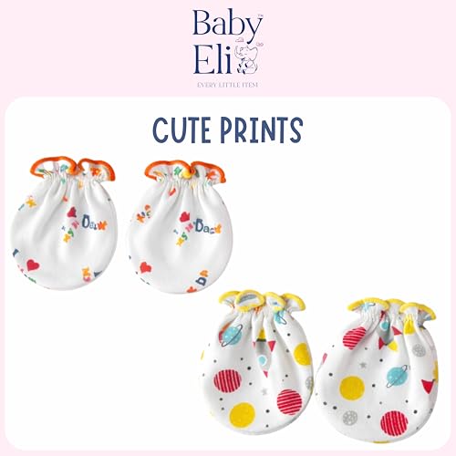 Image of Baby Eli Cotton Newborn Mittens (Picot Wrist) Set of 6 for Baby Boys & Girls 0-6 Months | Soft and Cozy Unisex Infant Gloves | Assorted Baby Hand Gloves | Adjustable Scratch Protection