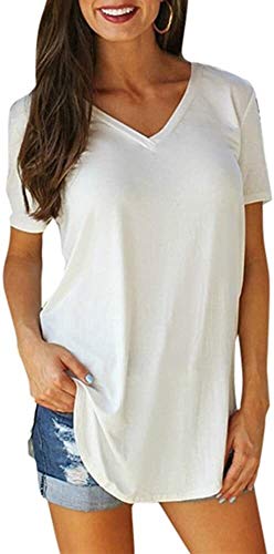 LVYI Courtes Romacci T-Shirt Couleur Solide Col en V Longues Hauts Casual (Color : White, Size : XL) Cover