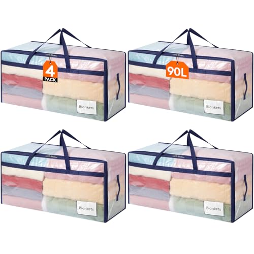 Lifewit Set di 4 Grandi Scatole per Armadio 90 L, Borse Trasloco con Manici, Contenitore Pieghevole per Piumoni, Coperte, Vestiti, Trasparente