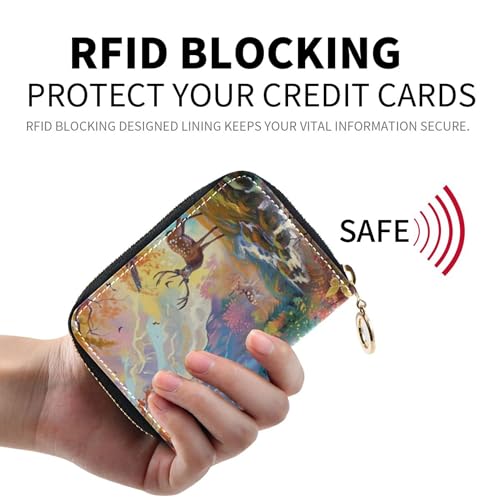 GAIGEO Credit Card Protector RFID Blocking Womens Wallets Leather Zip Around Zipper Coin Purse with Key Ring Deer Forest Landscape Painting2