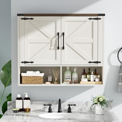 Bathroom Wall Cabinet, 31.7''x31.7'' Wall Mounted Medicine Cabinet with 2 Doors, 2 Adjustable Shelves, 2 Open Shelves, Space Saving Above Toilet Storage Cabinet for Bathroom,Kitchen,Laundry Room,White