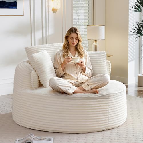 Image of Antetek 53.5-inch Round Chair, Modern Accent Corduroy Comfy Deep Seat Boneless Foam Floor Single Circle Chaise Sofa Chair with 3 Pillows for Living Room Bedroom Office, No Assembly Required, Beige