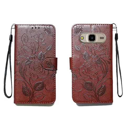 shingtomua for Samsung Galaxy J3 2016/J 3 V/J36V/Sky/Amp Prime Embossing Wallet Case Kickstand Magnetic Flip Cover Credit Cards Slot with Stand for PU Leather Shockproof Flip Magnetic Case (Brown)