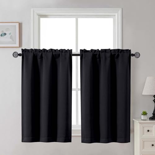Gwine Black Blackout Curtains for Bedroom 45 Inch Length, Room Darkening Window Treatments Short Curtains for Living Room, Thermal Insulated Tiers with Rod Pocket, 2 PCS, Each 30" Wx45 L