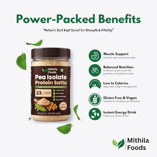 Image of MITHILA FOODS Pea Isolate Sattu 500g (Unflavoured) | 24g Protein Per Portion | Pea Protein Isolate + Sattu Blend | Vegan Dairy Free Gluten Free High Fiber | Desi Plant Protein Drink | Authentic Taste of Bihar