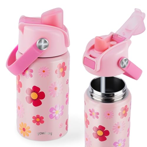 Kids Water Bottle for School 12 oz,Insulated Stainless Steel Water Bottle for Kids,Water Bottles for Toddler Girls Boys with Pop-Up Straw-Cap(Flower)