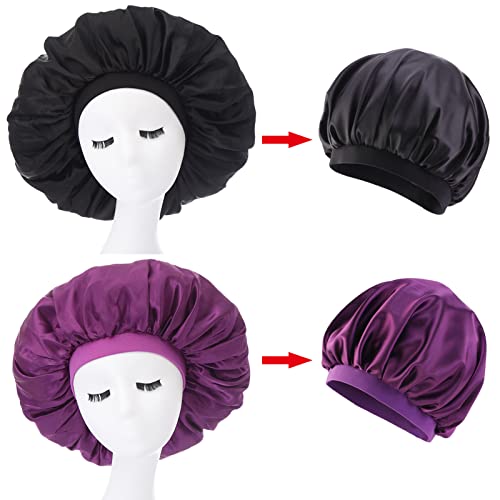 Bonnet De Nuit, 2 PièCes De Bonnet De Nuit En Satin, Bonnet De Satin éLastique à Large Bande RéGlable Bonnet De Nuit Pour Femme, Utilisé Pour La Douche, Le Sommeil, Le Maquillage (Noir+violet)