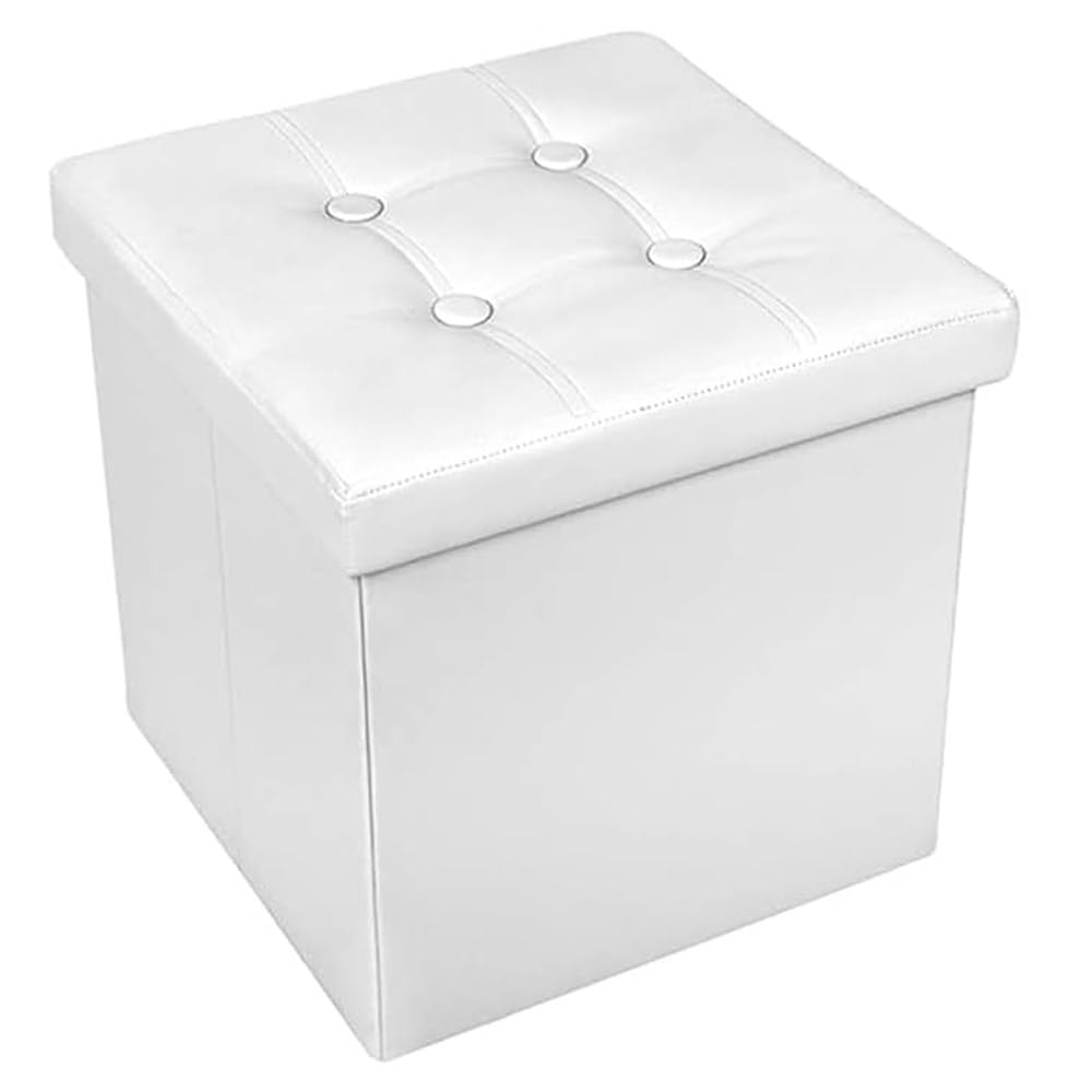 Generico Pouf Contenitore Quadrato in Ecopelle, Pouf Poggiapiedi Imbottito pieghevole in simil pelle (BIANCO, 38X38X38)