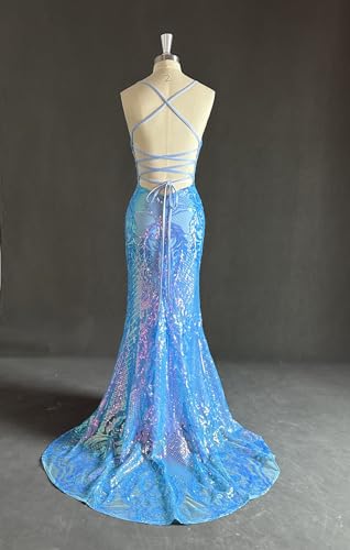 Sparkly Sequin Prom Dress Long Mermaid Spaghetti Straps V Neck Formal Gowns Tight Evening Dresses with Slit for Women2