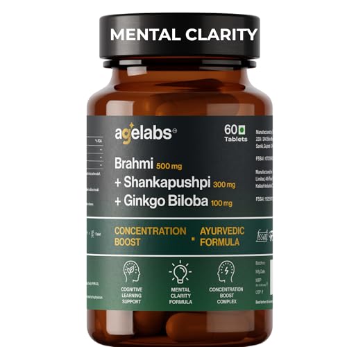 Agelabs Brahmi 500 mg + Shankhpushpi 300 mg + Ginkgo Biloba 100 mg | Ayurvedic Brain & Memory Support Formula | 60 Vegetarian Tablets | Focus, Concentration & Mental Clarity Supplement