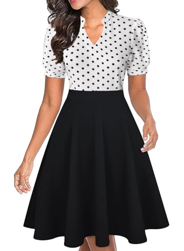 Mokayee Work Dresses for Women Short Sleeve V Neck Color Block Knee Length Cocktail Retro Teacher Business Casual Office Wedding Guest Ladies Dresses with Pockets L