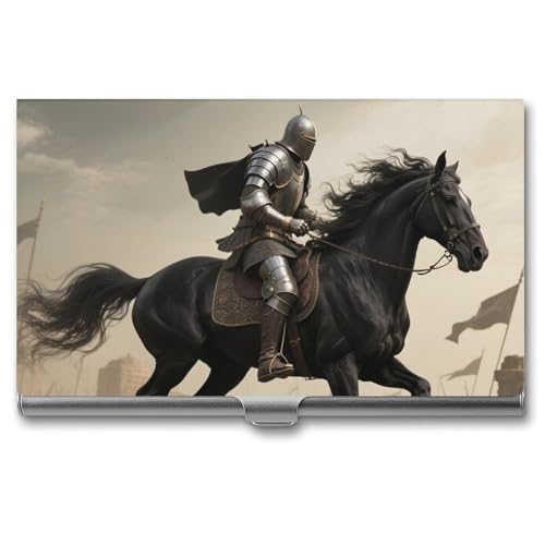 Business Card Holder Metal Slim Business Card Case Brave Warrior And Horse Professional Cards Organizer Pocket Name Cards Case Credit Holder Wallet for Men Women Buckle Style Shut