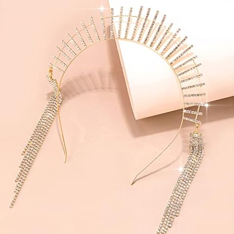 IYOU Mary Halo Crown Headband Gold Sparkly Rhinestone Goddess Headpiece Tassel Wedding Party Costume Hair Tiara Headwear for Women and Girls (Gold) Cover