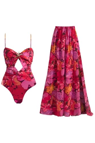 Image of AARAM Stylish Premium Women's One Piece Swimsuit with Cover Ups Wrap Skirt Sarong Floral Print Monokini Tummy Control Swimwear, Printed Costume Women Beach Wear