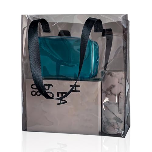 Clear PVC Tote with Black Handles13.3 x 11.8 x 3.94 inches Stadium Approved Transparent Plastic Beach Bag for Women