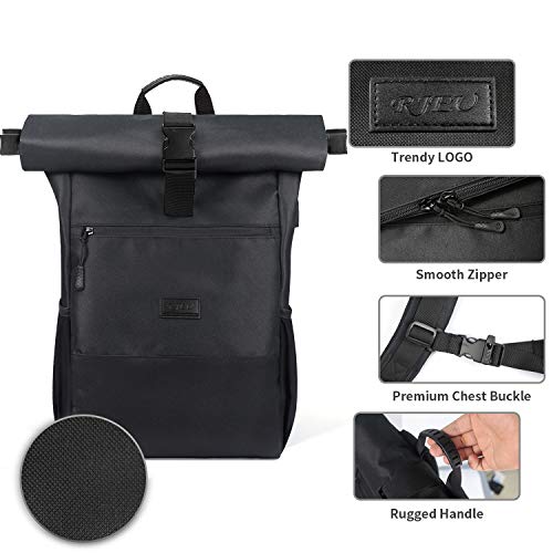 RJEU Laptoprugzak voor 17 inch, rolltop rugzak, heren dames, laptoptas voor school, studie, reizen, schoolrugzak (zwart, 26 liter) - Image 3
