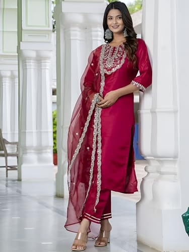 Image of LookMark Women's Viscose Rayon Trendy Regular Fit Embroidery Kurti with Bottom & Dupatta|Kurti Set for Women