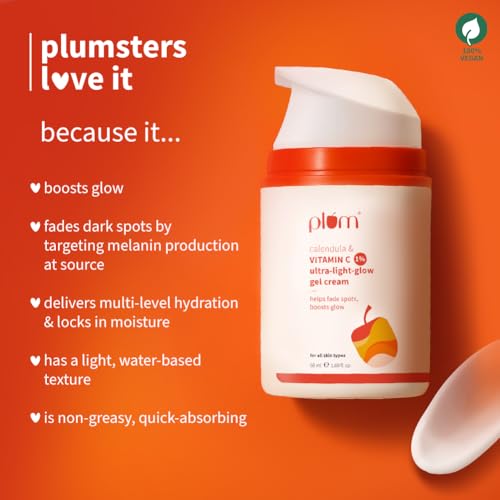 Image of Plum 1% Vitamin C Ultra-Light-Glow Gel Cream with Calendula | Fades Dark Spots, Boosts Glow, Deeply Hydrates | Lightweight, Non-Greasy Face Moisturizer | All Skin Types | for Women and Men | 50g