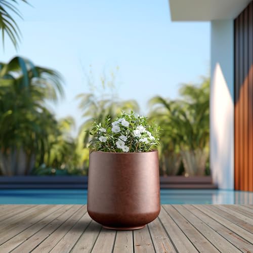 Image of Kante Large Round Curved Rusty Concrete Planter 16.5 inch Dia, Outdoor | Rubber Plug for Indoor, Drainage for Garden, All-Weather Cement Tree Pot, Handcrafted, Anti-Frost & UV, Modern Home Decor